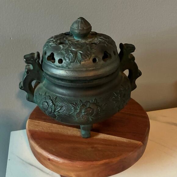 Incense Burner Floral Carved Bronze Patina Lidded Censer...